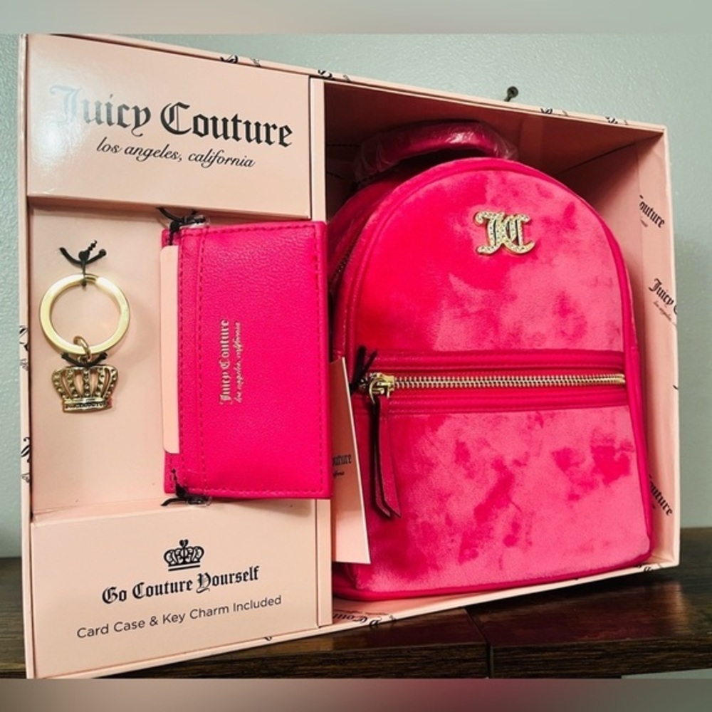 Juicy Couture Pink Velvet Mini Backpack Set Card Case Crown Charm NWT